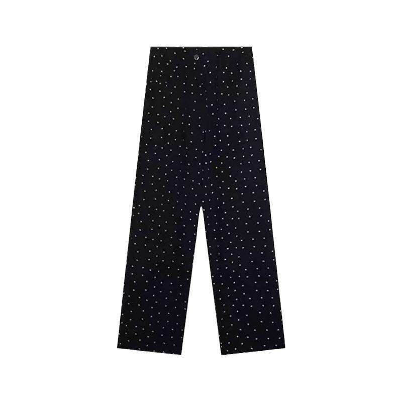 Black Straight Wide-leg Pants Women's Versatile Loose and Thin Trousers Retro Small Flower Polka Dot High Waist Versatile Jeans Women