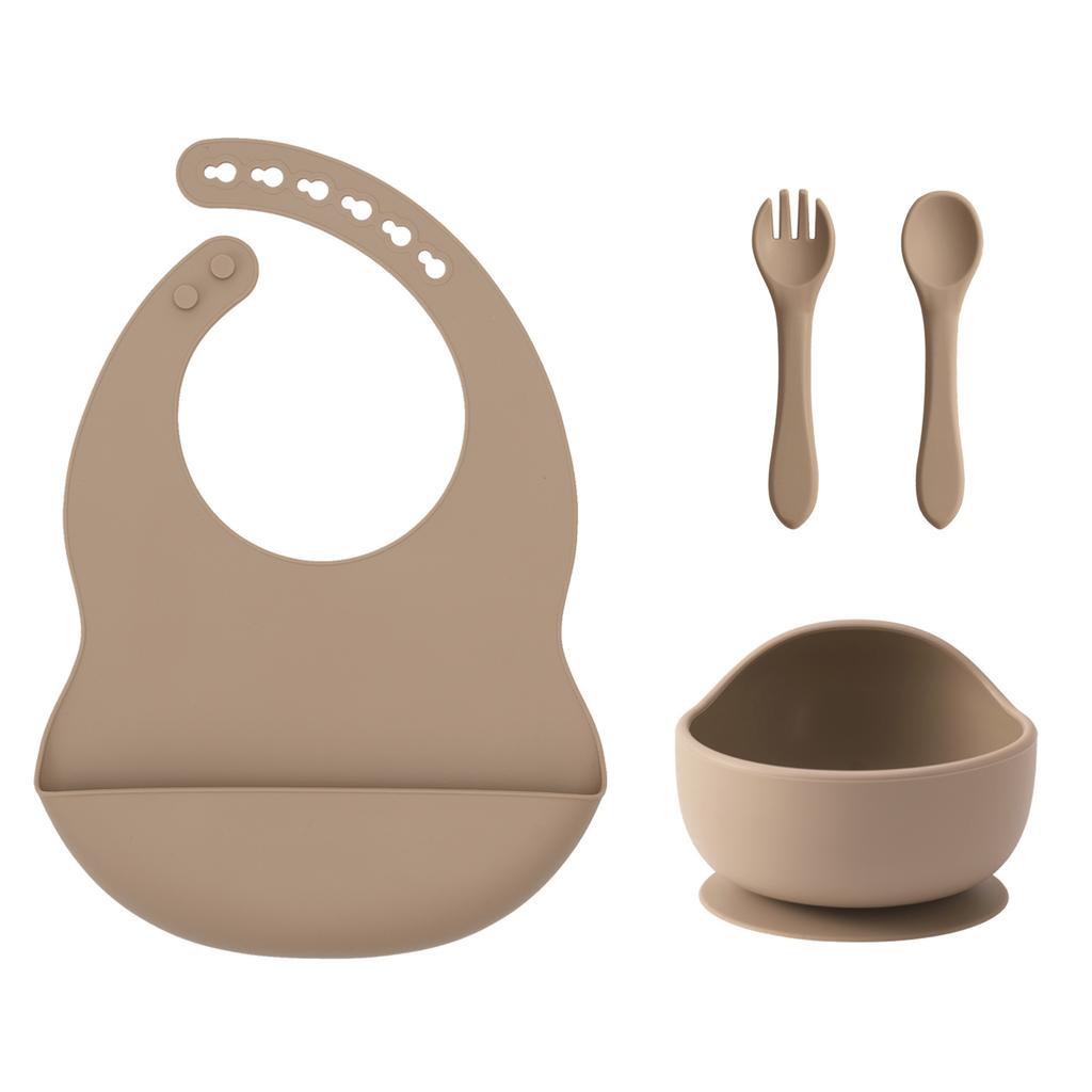 Color Kids 4PCS Silicone Baby Feeding Set With Spoon Bib Suction Bowl BPA Free Toddler Training Spoon Fork Tableware Baby Stuff