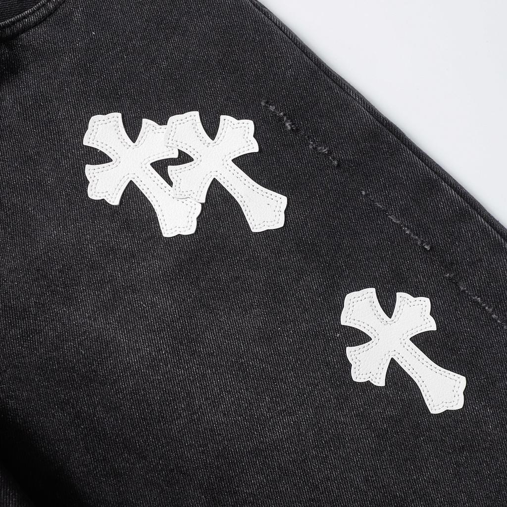 CHROME HEARTS Herren Schwarze Denim Shorts mit Weißen Kreuz-Aufnähern Baggy Streetwear Jorts