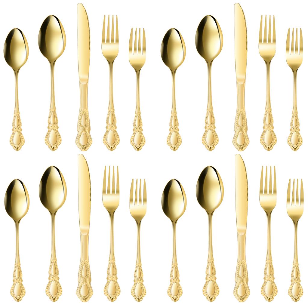 20 Pcs Vintage Silverware Set for 4 Stainless Steel Utensil Set Including Fork Spoon Picnic Travelling Ultralight Dinnerware