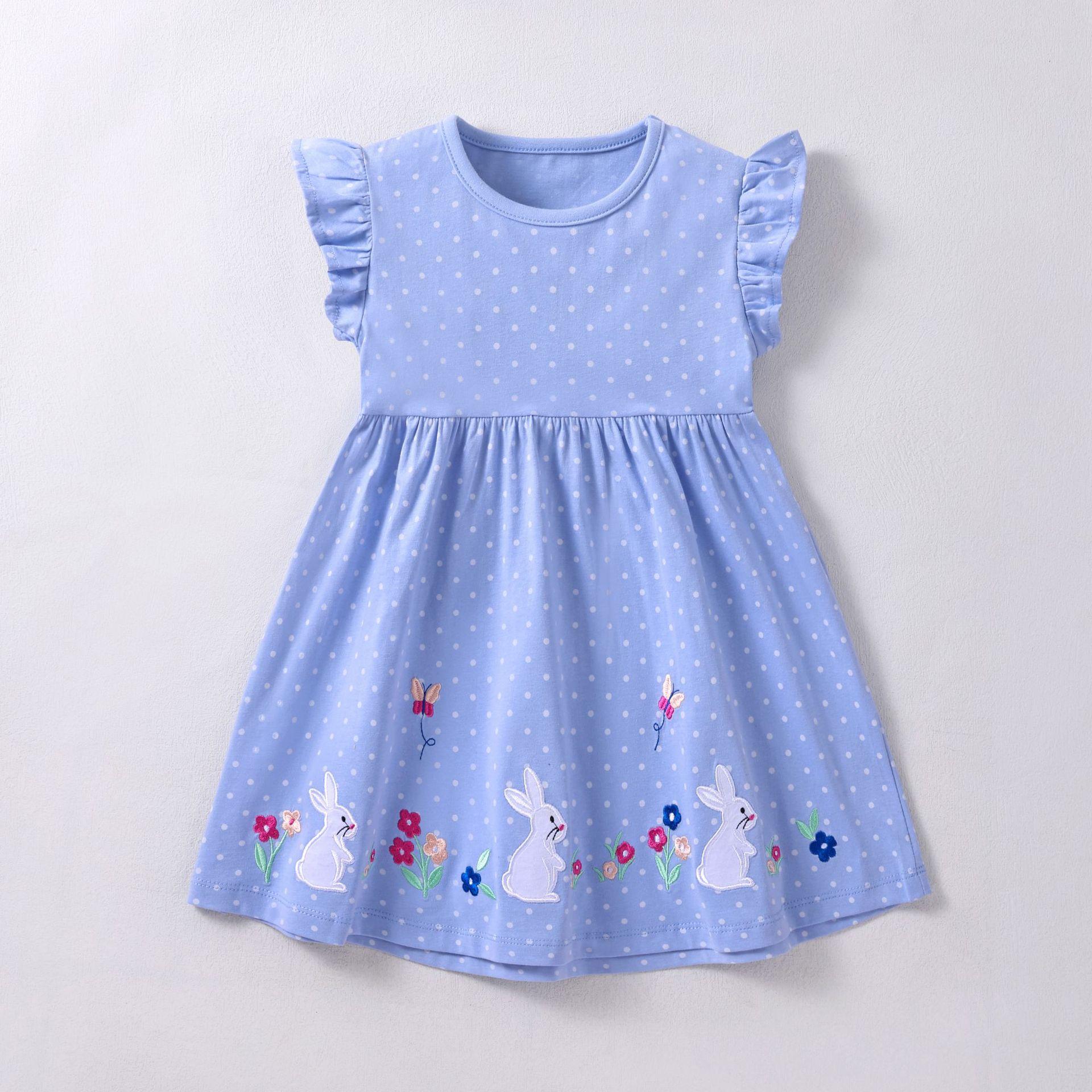 Girls Summer Cotton Sleeveless Princess Dress with Cute Bunny Embroidery 100