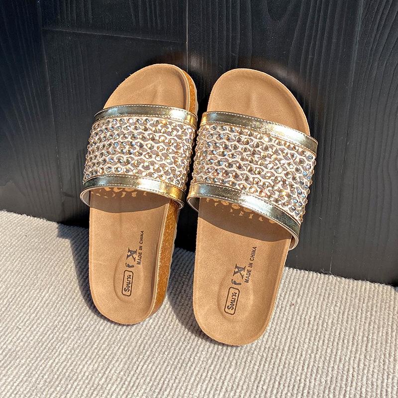Mesh breathable rhinestone sleeve toe slippers women's summer wear casual vacation style with skirt beach sandals