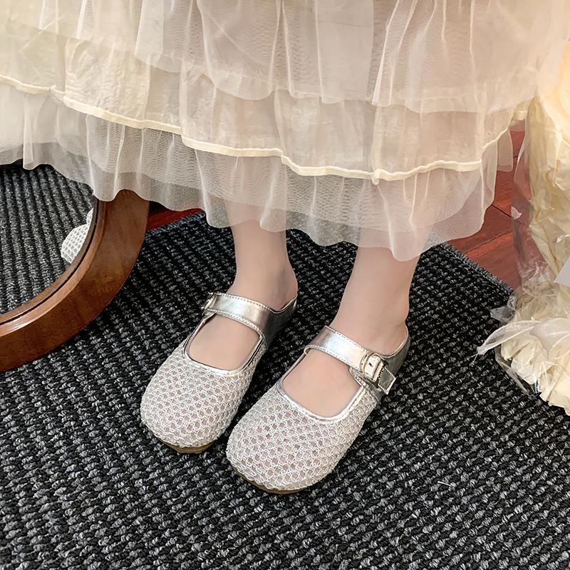 Women's Baotou Shallow Mouth Mesh Cloth Breathable Metal Buckle Soft Sole Anti-slip Wear-resistant Flat Shoes
