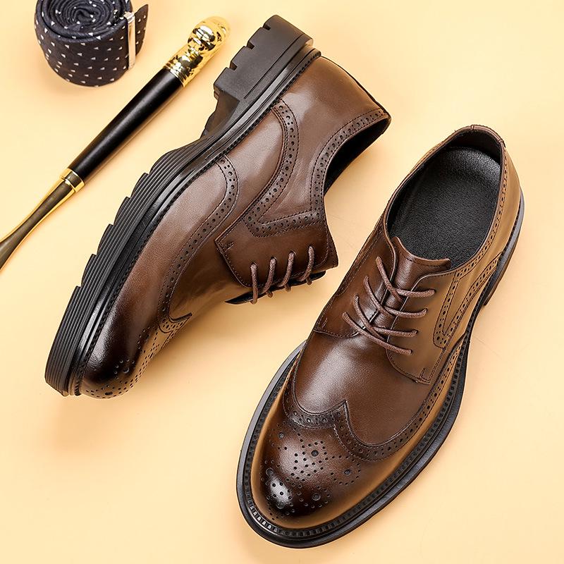 Men's Genuine Leather Brogue Shoes - Formal, Trendy High-end British Style with Thick Soles