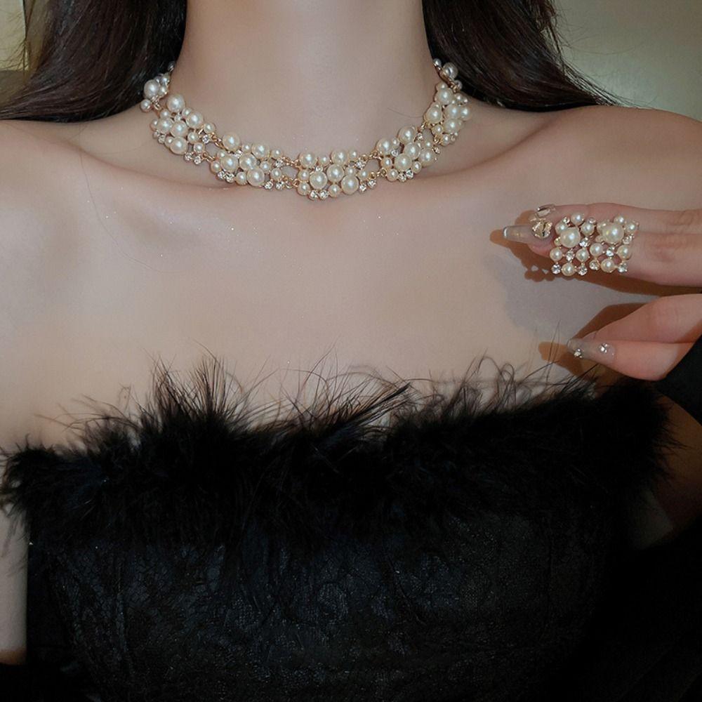 Vintage Pearl Necklace Multi-layer Pearl Dangle Earrings Elegant Wedding Jewelry Set  Women