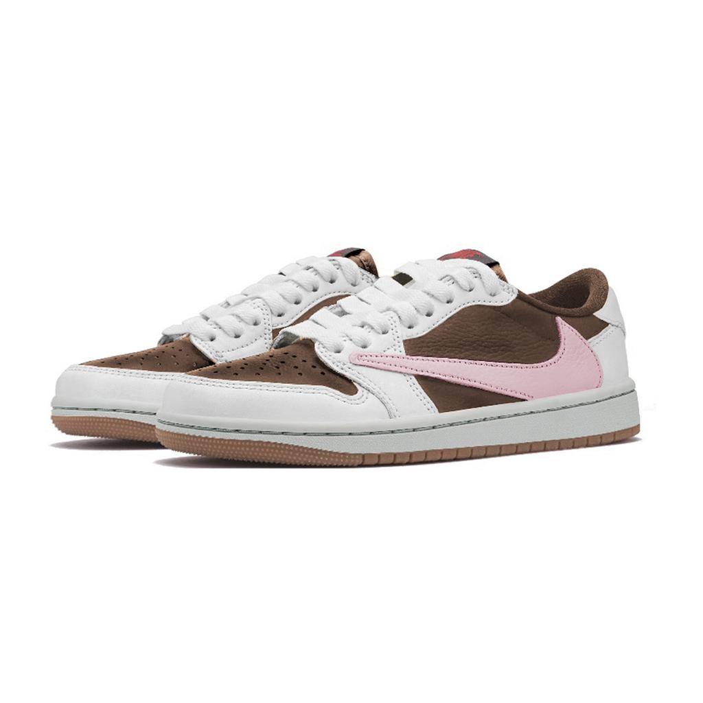 Travis Scott X Jordan Air Jordan 1 Cushioning Slip Resistant Low Top Vintage Basketball Shoes Unisex White Brown Pink DZ4137-700(Team-)