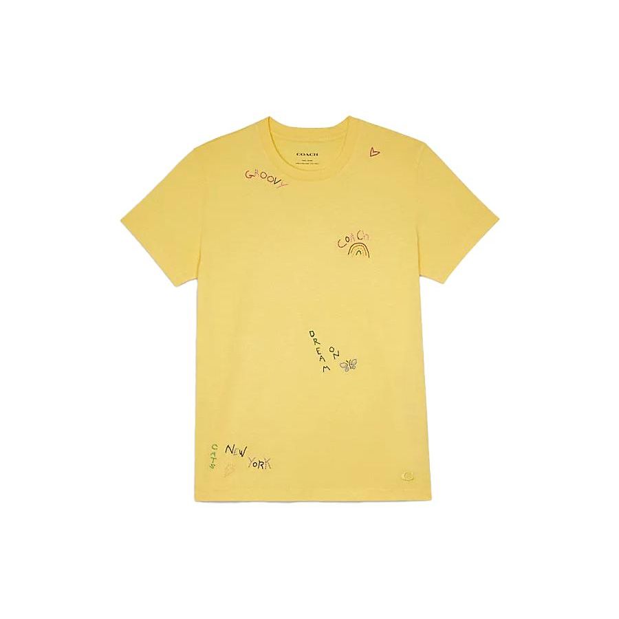 Coach Letter Rainbow Pattern Round Neck Short Sleeve T-Shirt Men T-Shirts Yellow C8781-YLW L