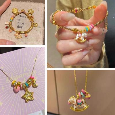 Delicate Cute Summer Day Star Heart Pendant Bead Chain Cute Horse Bracelet Necklace For Y2K Girl  Gift Jewelry Accessory