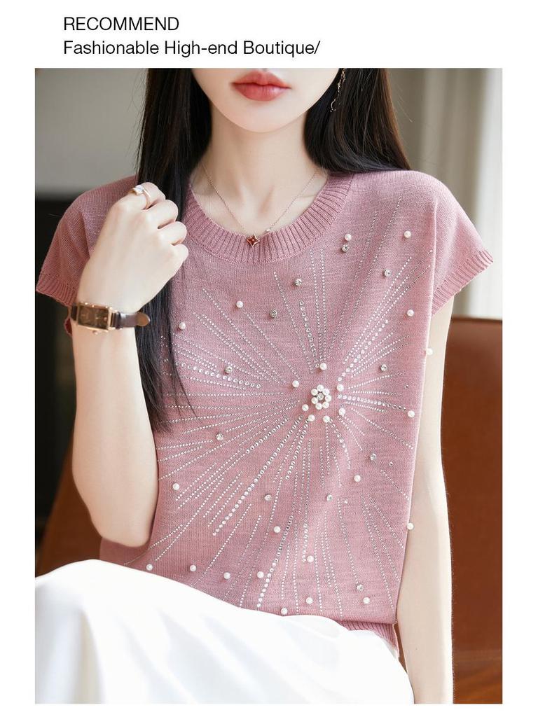 Women's Summer Bamboo Linen Beaded Crew Neck T-Shirt