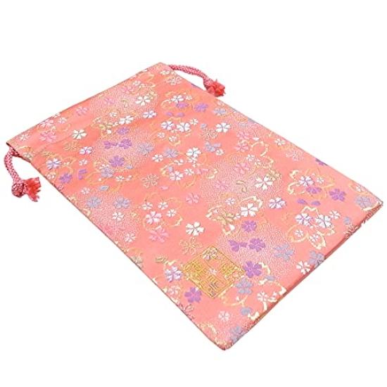 Senshishuin Nishijin Brocade Drawstring Bag (Lined) - Peach Gold Cherry Blossom Design, Medium Size