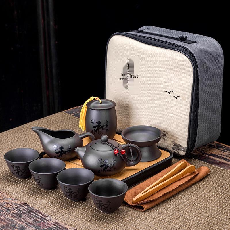 Portable Purple Clay Xishi Teapot Set with Leather Bag and Tea Tray for Home, Travel, or Business