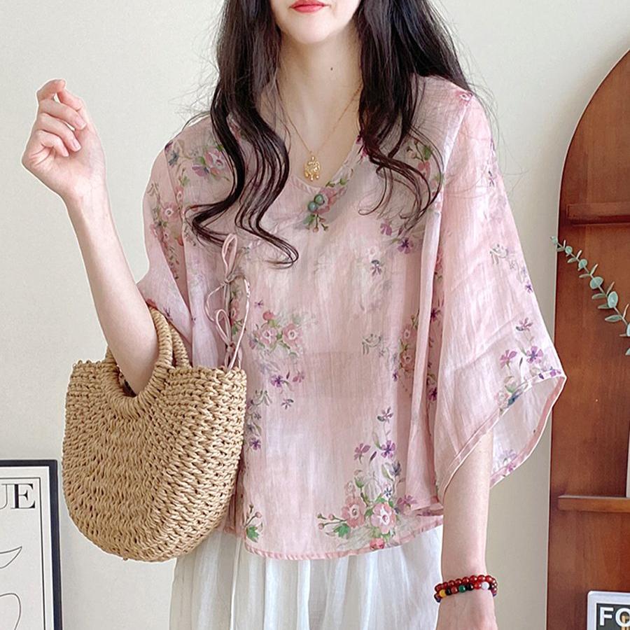 Summer Floral Blouse V Neck Retro Loose Fit Boho Chic Shirt Casual Women Top