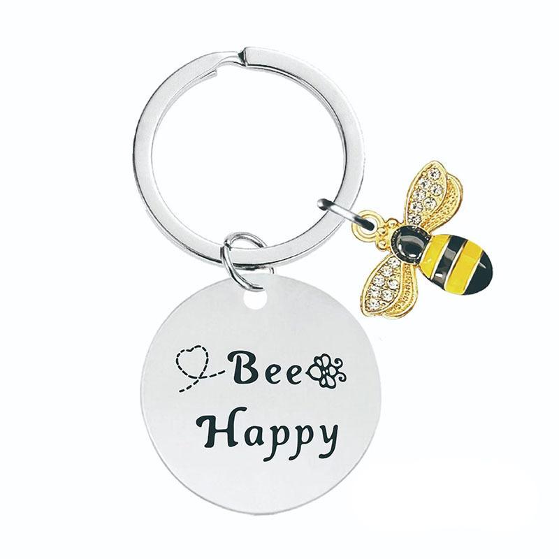Teachers Day Keychain Bee Happy Little Bee Stainless Steel Keychain Gift Stainless Steel Keychain for Backpack Bag Pendant