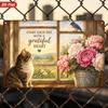 2D Flat, 1pc Grateful Cat Metal Sign Wall Art, Grateful Heart Quote, Tabby Cat, Pink Peonies, Bluebird, Country Window, Home Decor, Ideal for Living R