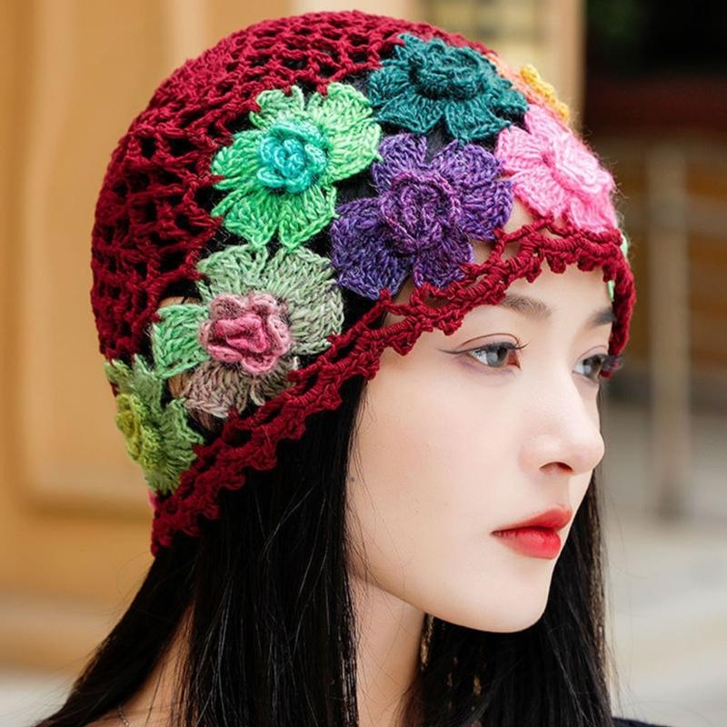 Cotton Crochet Brimless Hat With HollowOut Flower Design Summer Vacation Casual Skull Cap For Women Everyday Wear
