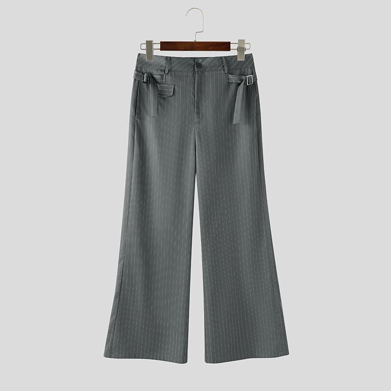 INCERUN Men Casual Zipper Waist Striped Wide Legs Pants Long Trousers