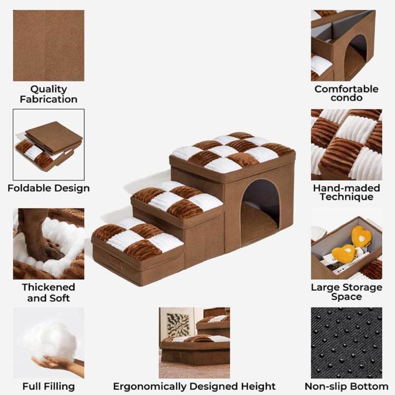 Luxury 3-Step Folding Cat Stairs Handcrafted Sustainable Plaid Design Removable Washable Storage Condo High Beds Sofas Modern