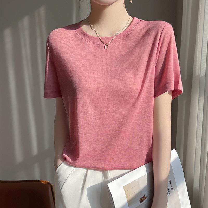 Women's Summer Tencel Lyocell Short Sleeve Round Neck Solid Color Loose Top