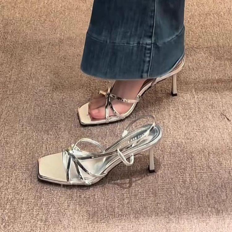 Internet celebrity temperament strappy celebrity stiletto open-toed high heels 2025 fairy style summer French cross-heeled sandals