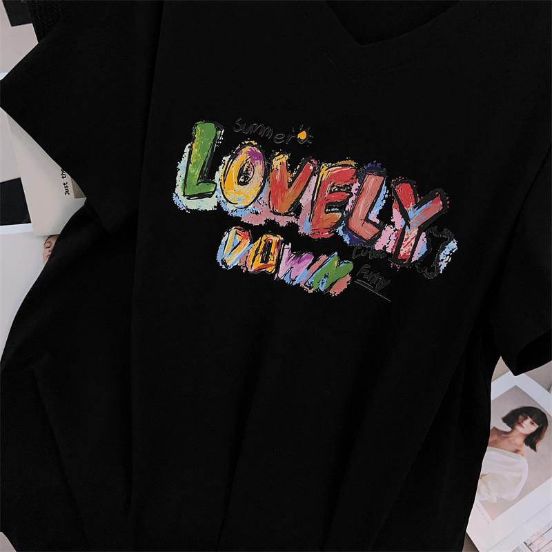 Plus Size V-Neck Slimming Mid-Length Loose T-Shirt for Women, Short-Sleeved, Covers Belly, Available In 200/300/350 Jin.