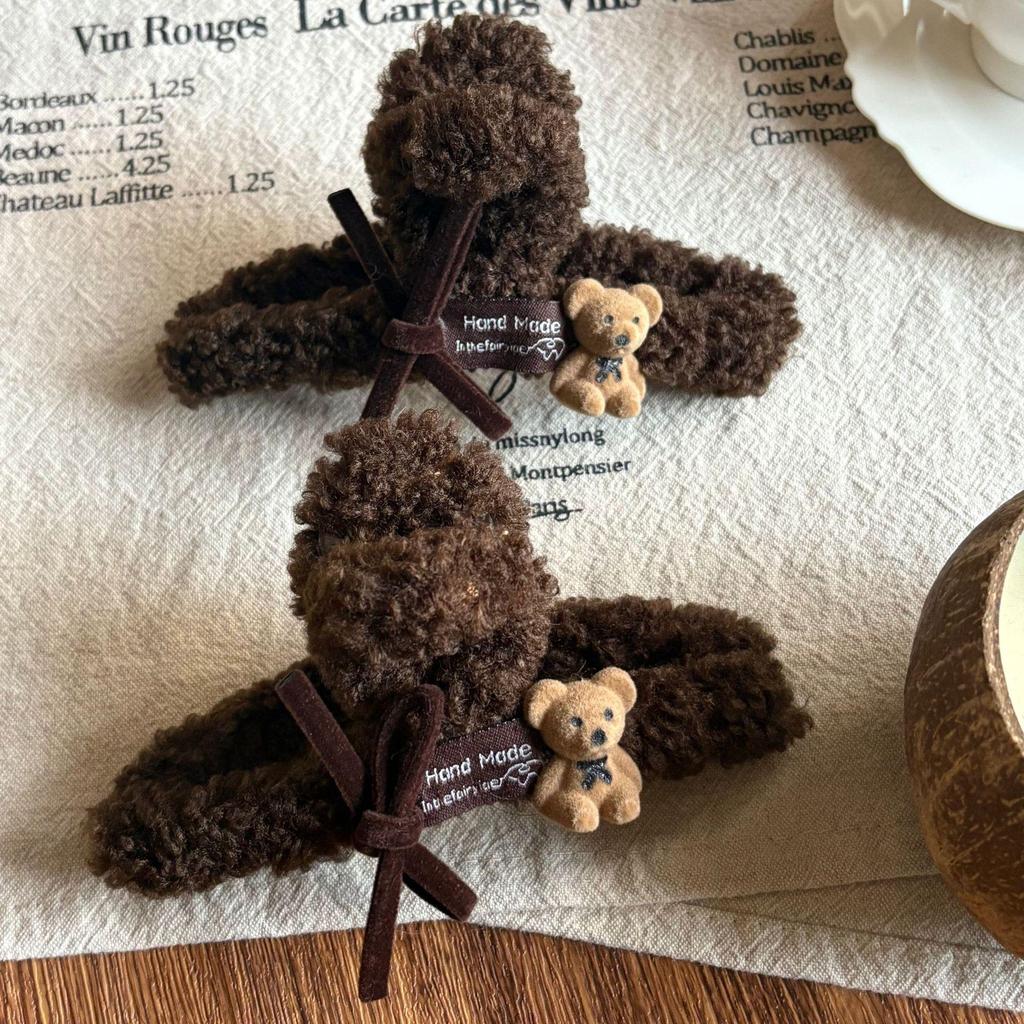 Coffee Color Bear Bowknot Plush Shark Hair Clip - Large, Versatile, Winter Design for Women