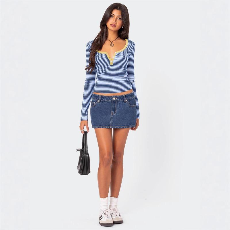 Women S Striped Color Block Knit T Shirt Slim Fit V Neck Long Sleeve
