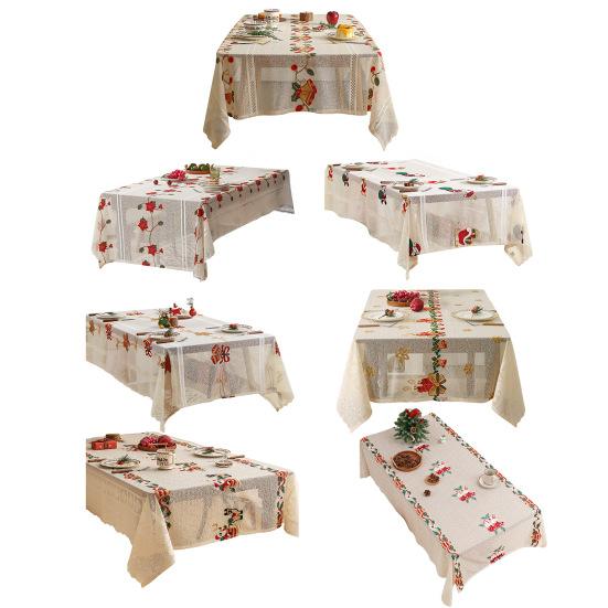 Christmas Lace Tablecloth Embroidered Santa Claus Xmas Bell Table Cloth Festive Dining Table Cover for Holiday Home Dinner Party Decor