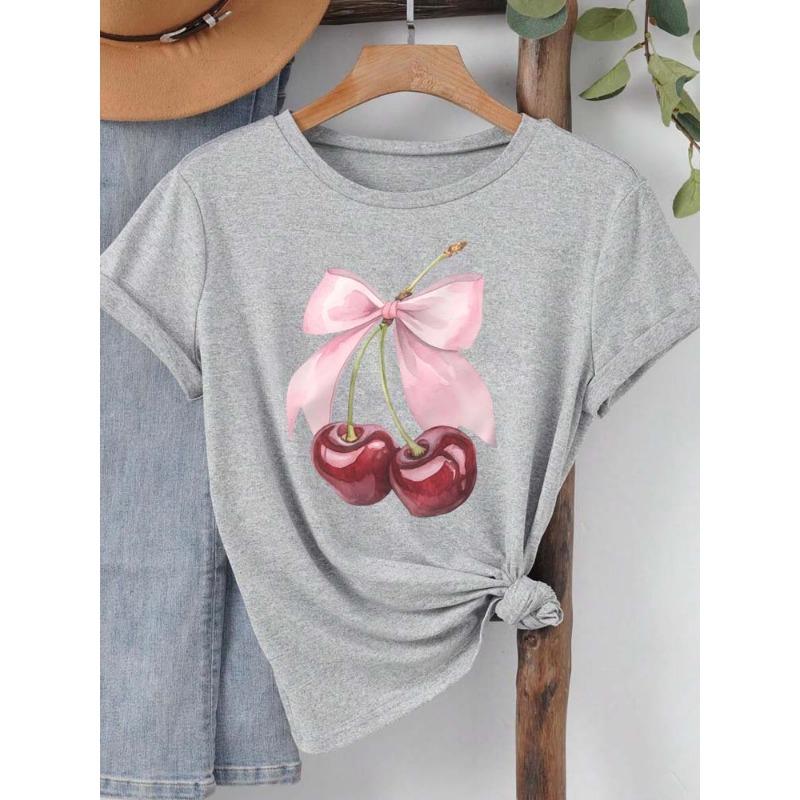 Fashion Cherry Print Women T-Shirt Short Sleeve Crew Neck Casual Tops for Summer Spring Women's Clothing Tops Tees