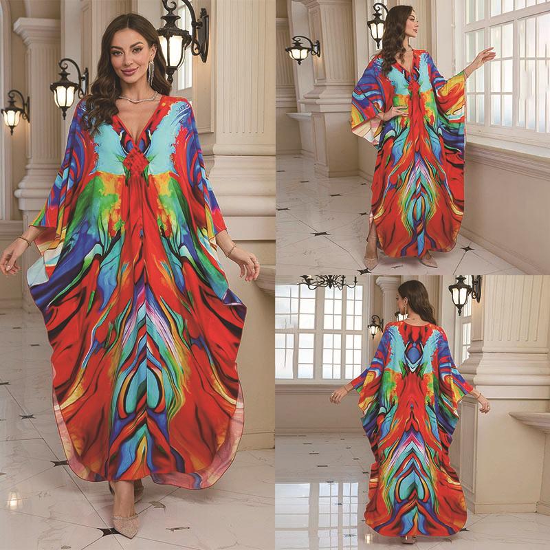 2025 European & American Cotton Printed Beach Dress Women's Long Loose Cover-Up with Sun Protection