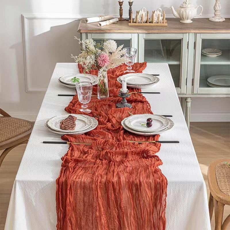 2PCS Pink Table Runner 90x400cm Gauze Table Runner for Wedding Reception Sheer Bridal Birthday Party Table Decoration Vintage