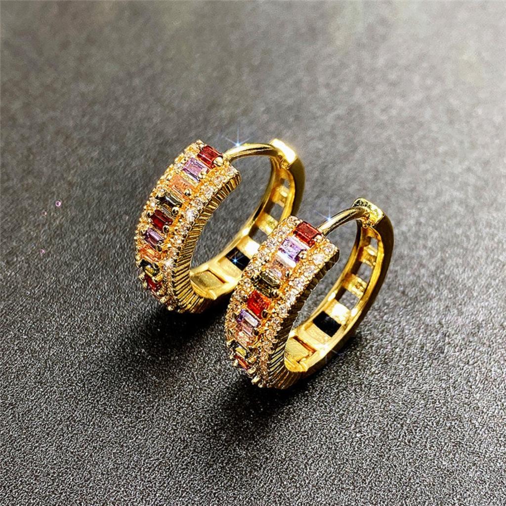 Double Row Multicolored Baguette Stone Hoop Click Earrings Dual Tone Option Women Fashion Ear Jewelry