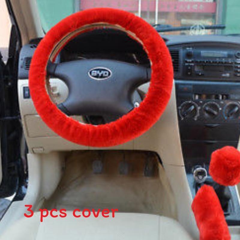 

Car Universal Steering Plush Cover Three Piece Set For Winter With Antislip Grip Red