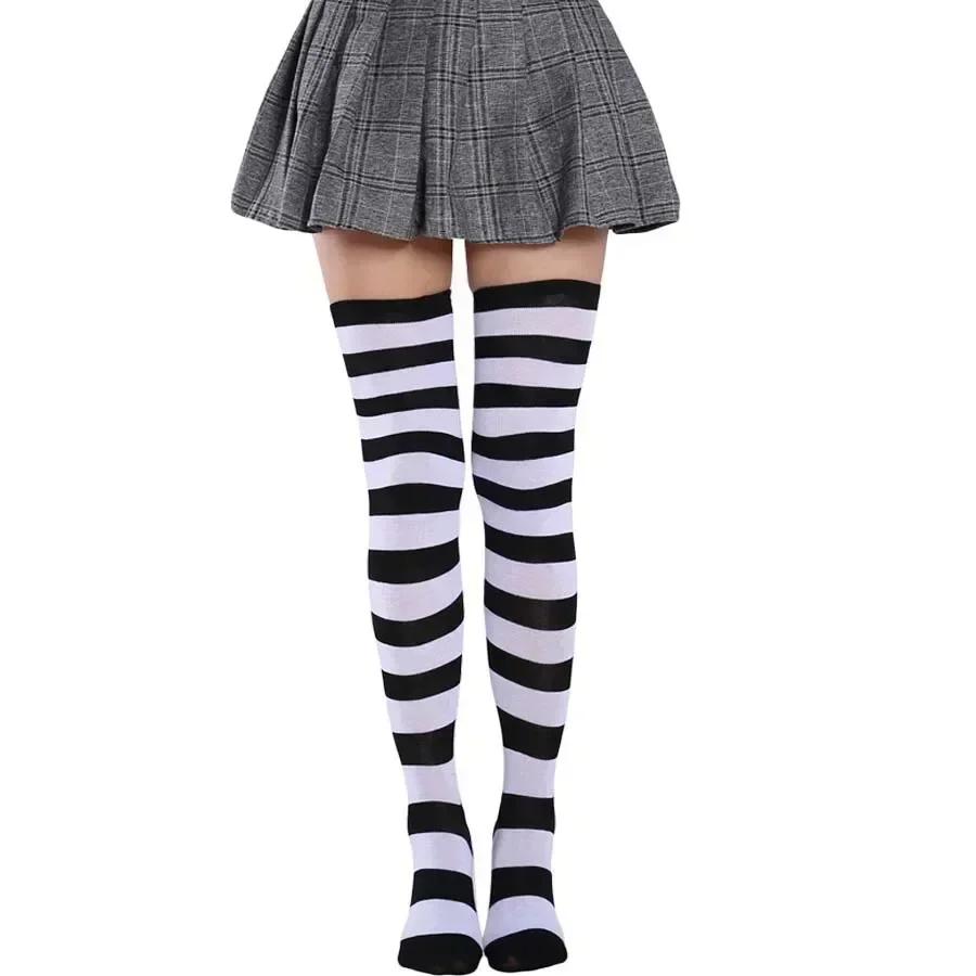 Bunte Regenbogen Schwarz Weiß Gestreifte Socken Oberschenkel Über Knie Hoch Lang Gothic Strümpfe Beinstulpen Lolita Mädchen Strumpf Für Frauen 40-70kg(80-165 Lbs) black