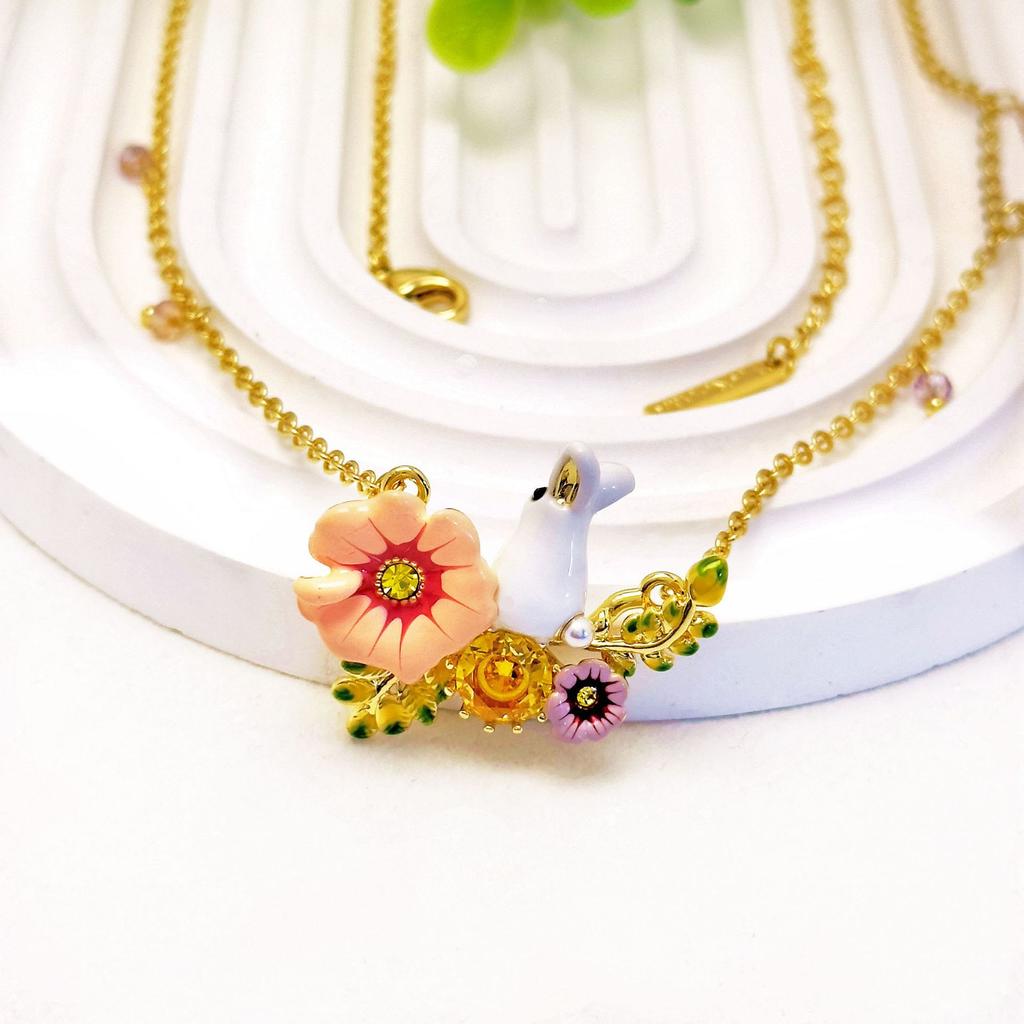 Dopamine 18K Gold Plated Enamel Painted Magic Adventure Series Little White Rabbit Flower Necklace Bracelet Collarbone Chain
