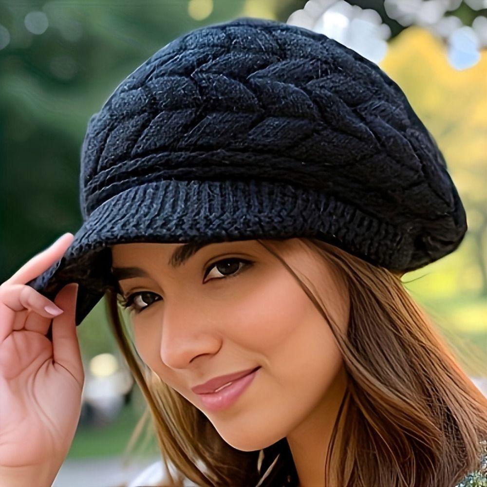 Winter Striper Knitted Cap Ear Protection Thicken Knit Hat Solid Color Women Beret Cap  Women Girls
