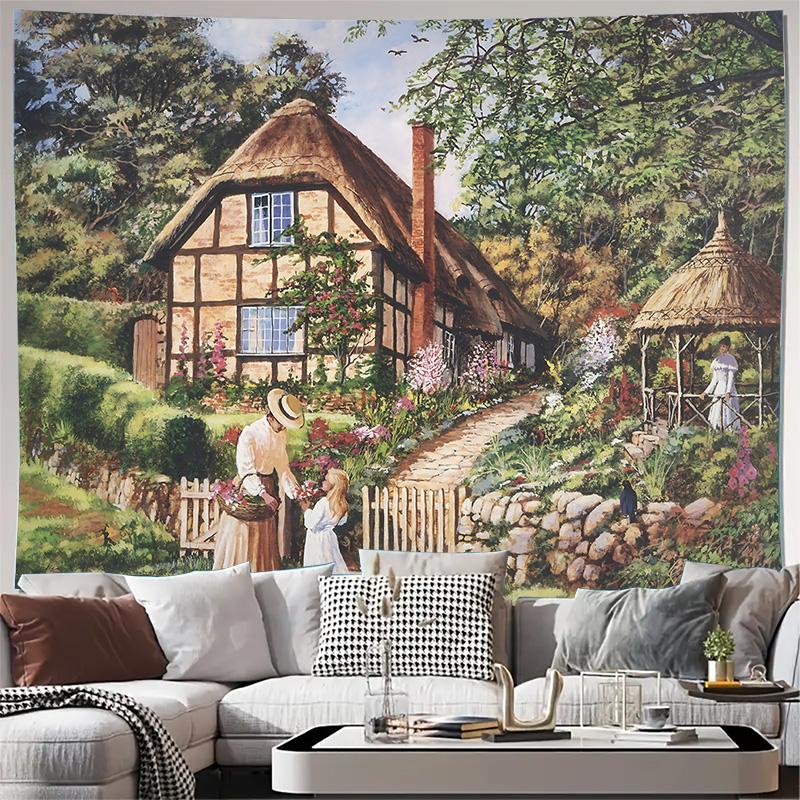 Rustic Cottage Garden House Woman Child Wall Tapestry Machine Washable All Season Decor Art Print Vintage Design Home nontoxic