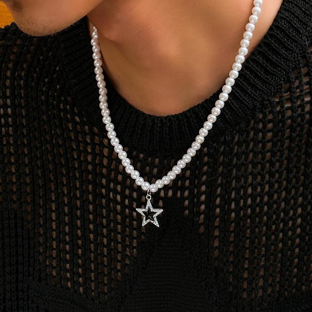 Diamond Inlaid Star & Pearl Hip Hop Necklace - Trendy Retro Men's Jewelry