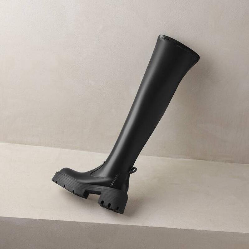 

Корейская версия женских ботфортов на толстой подошве и среднем каблуке, удобные нескользящие кожаные сапоги, боковая молния, женские сапоги больших размеров 33