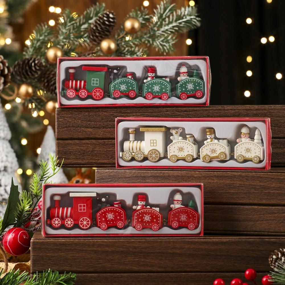 3Pcs Miniature Wooden Train Christmas Decorations for Holiday Tree and Tabletop Festive Ornaments Seasonal Party and Home Decor