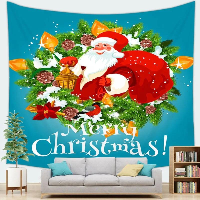 Cartoon Santa Claus Pattern Tapestry Home Bedroom Living Room Wall Decoration Christmas Theme Tapestry