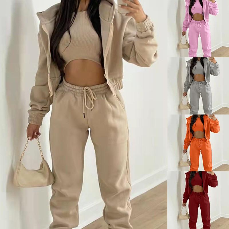 Vêtements Mode Femme Combinaison de Sport Décontractée Polyvalente Velours à Capuche Ensemble Trois Pièces