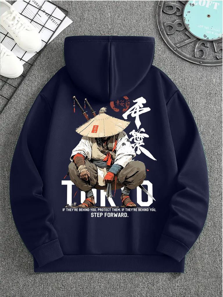 Squatting Samurai With Katana Calligraphy Back Pattern Men Hip Hop Sports Hoodie, Street Tough Style Oversized Pullover