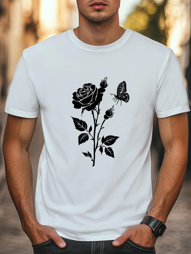 Minimalist Rose & Butterfly Graphic T-Shirt Unisex Women Men Trendy Casual Tee Unisex T-Shirt XXXL
