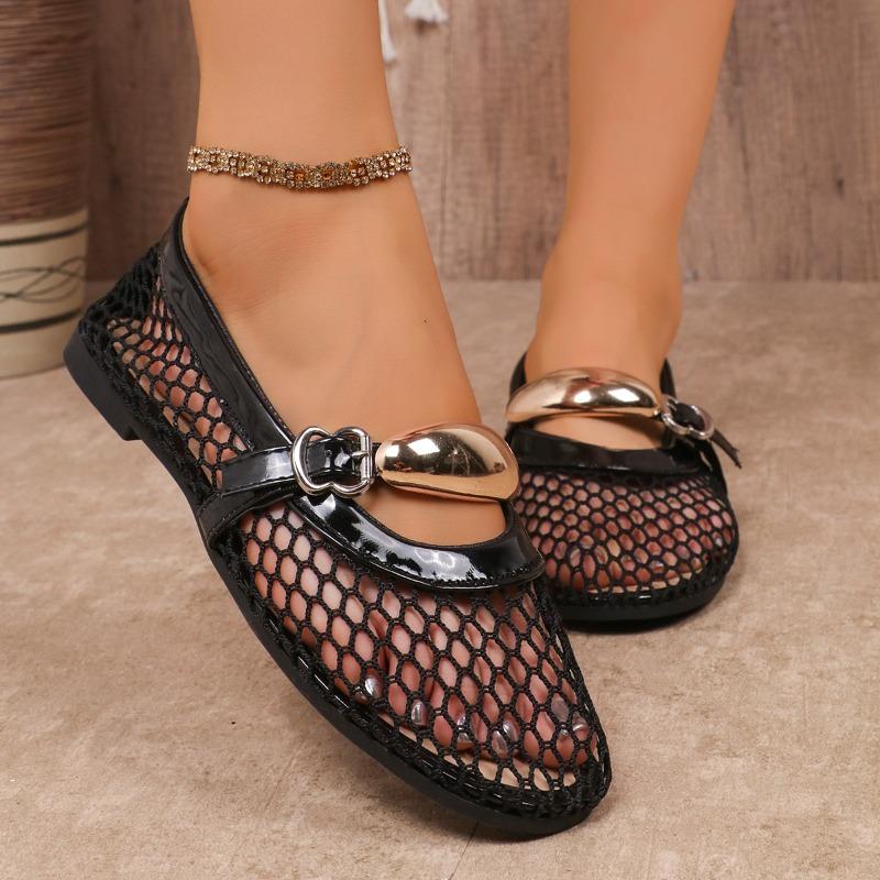 Net Flat Fashion Sandals New Summer Round Head Breathable Non-slip Line Button Mary Jane Fishnet Shoes Ladies Shoes