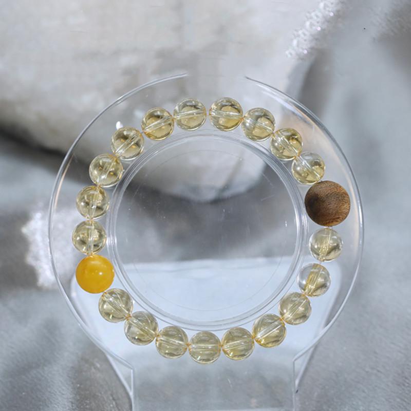 Natural yellow citrine round beads8mm Single-loop bracelet with agarwood and yellow amber design, fashionable for women