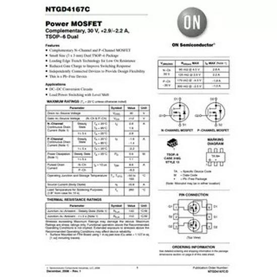 Original NTGD4167CT1G TSOP-6 N+P Channel MOSFET