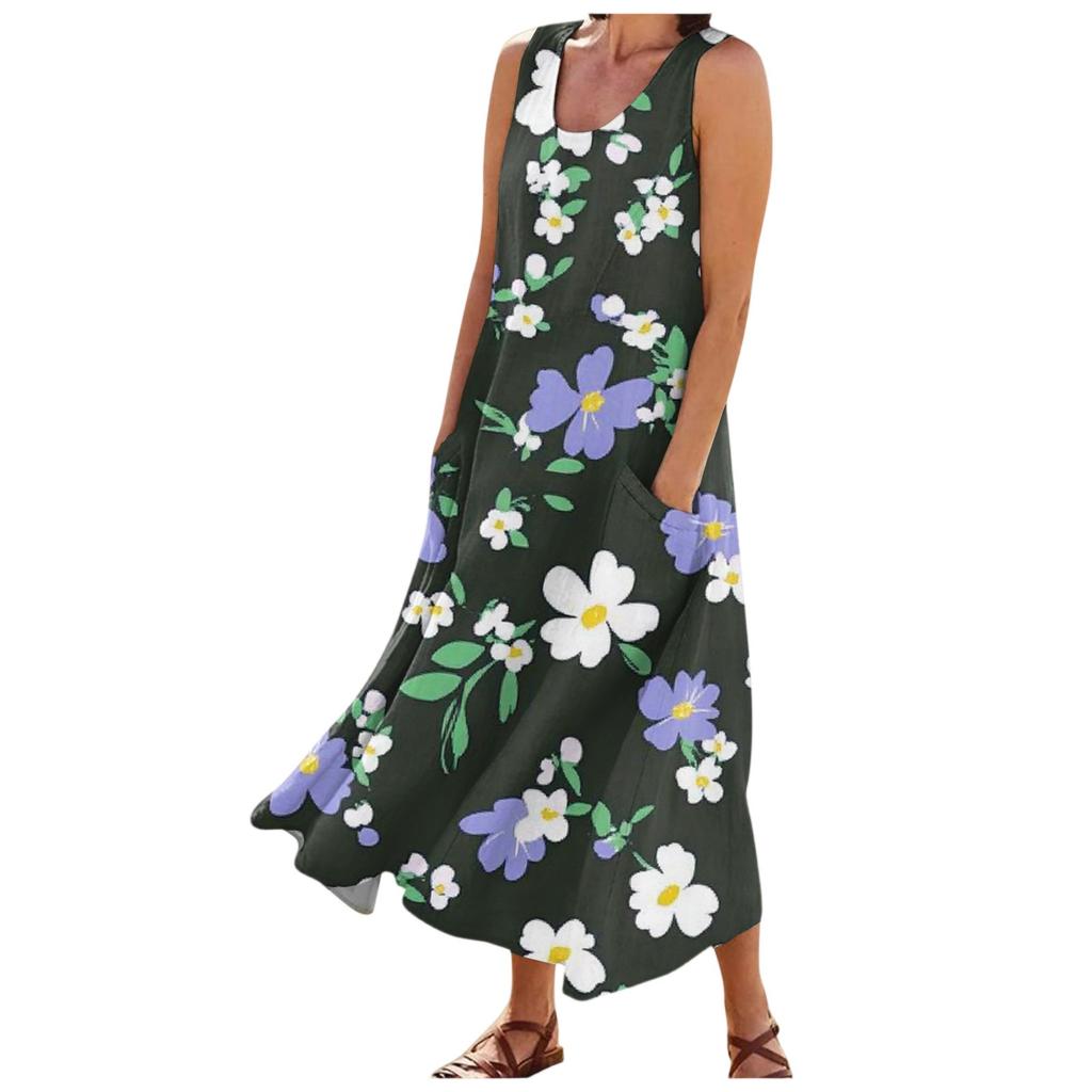 Women's Fashion Summer Casual Sleeveless Floral Printed Small Pocket Dresses