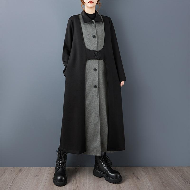 Long Sleeve Oversized Cotton Vintage Black Patchwork Casual Loose Autumn Spring Winter Trench Coat for Women Outerwear