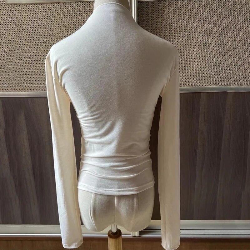 Tricou cu mânecă lungă de toamnă, pliat, pliat, pliat, pentru damă, topuri, cu fundul subțire, tricou pentru femei, ocazional, elegant, cu gâtul în formă de O, tricouri 30454