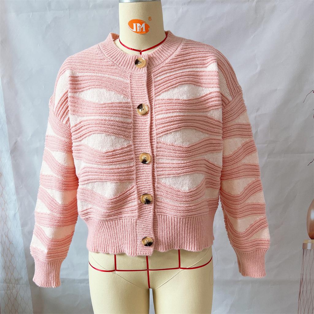 Irregular striped contrasting single breasted round neck short cardigan sweater jacket for women in autumn and winter 3556